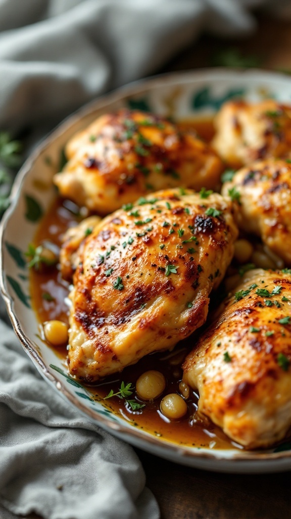 A plate of baked chicken thighs garnished with herbs, served with a light sauce.