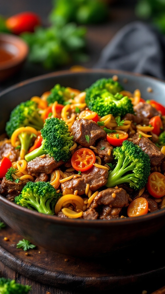 A delicious beef and broccoli stir-fry with cherry tomatoes and gluten-free noodles.