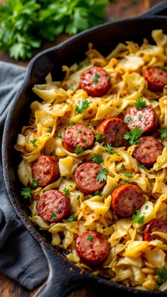 A skillet with cabbage, sausage, and noodles garnished with parsley