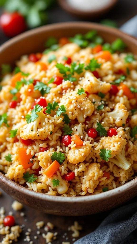 A bowl of Cauliflower Fried Rice Stir-Fry with colorful vegetables and herbs.