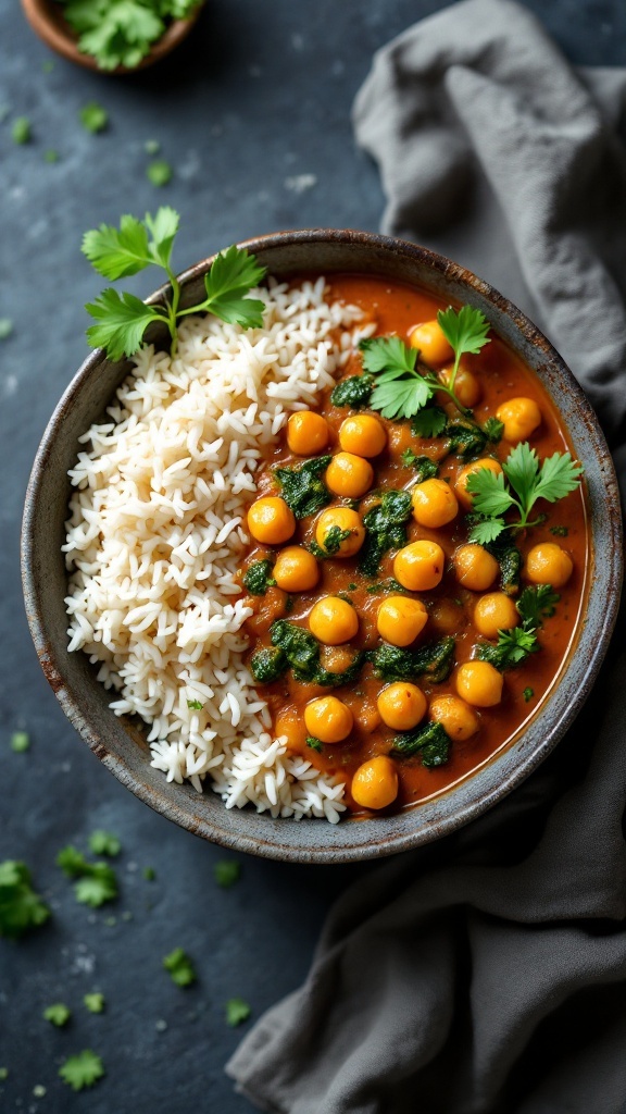 A delicious bowl of chickpea curry with spinach served alongside fluffy rice, garnished with fresh herbs.