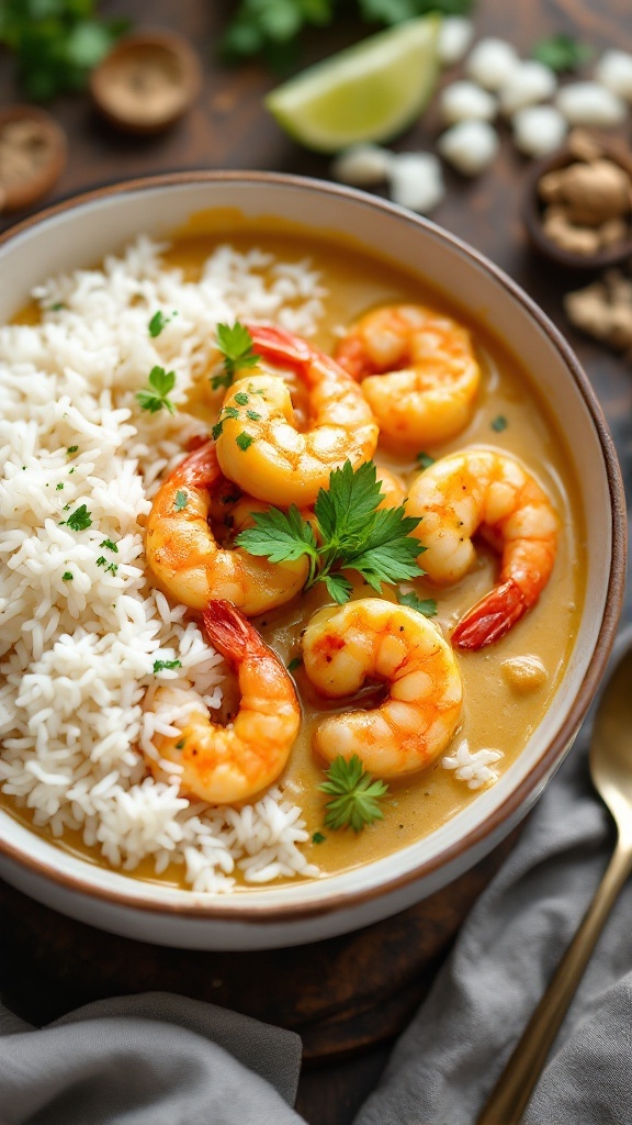 A bowl of Coconut Curry Shrimp with white rice and garnished with cilantro.