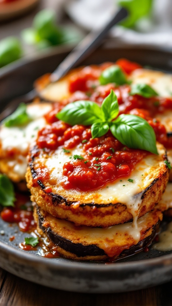 A plate of Eggplant Parmesan layered with marinara sauce and garnished with fresh basil.