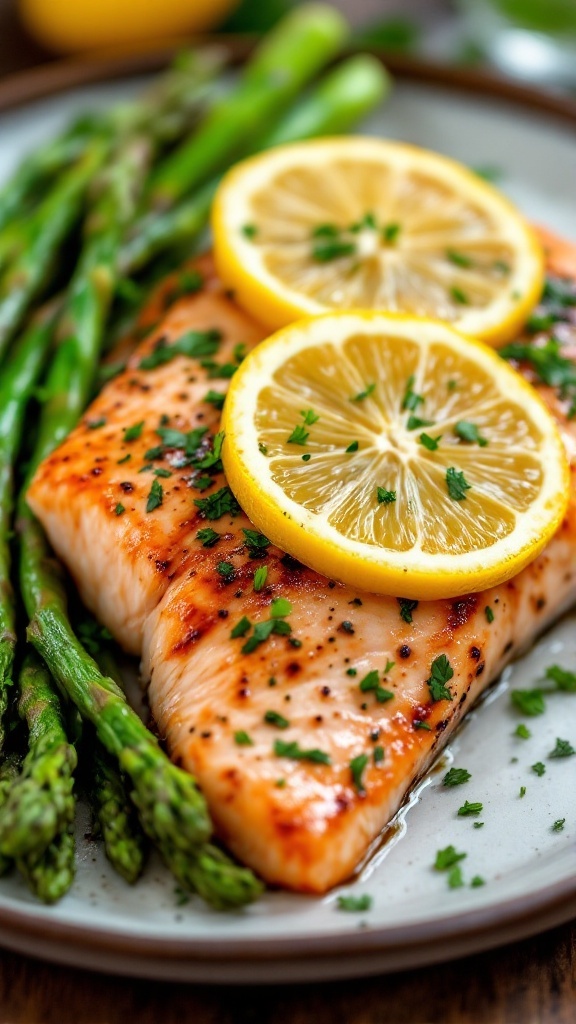 A plate of herbed lemon salmon with asparagus and lemon slices.