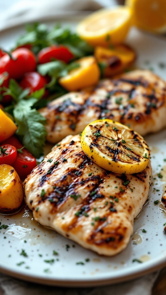 Grilled chicken with lemon slices and fresh vegetables on a plate