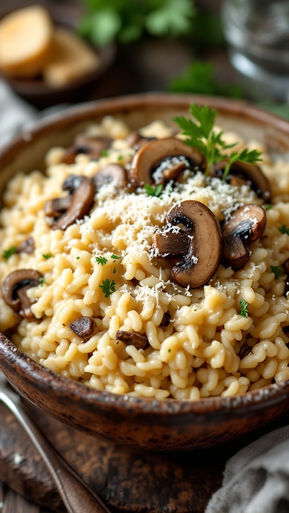 A bowl of creamy mushroom risotto topped with sliced mushrooms and grated Parmesan cheese, garnished with parsley.