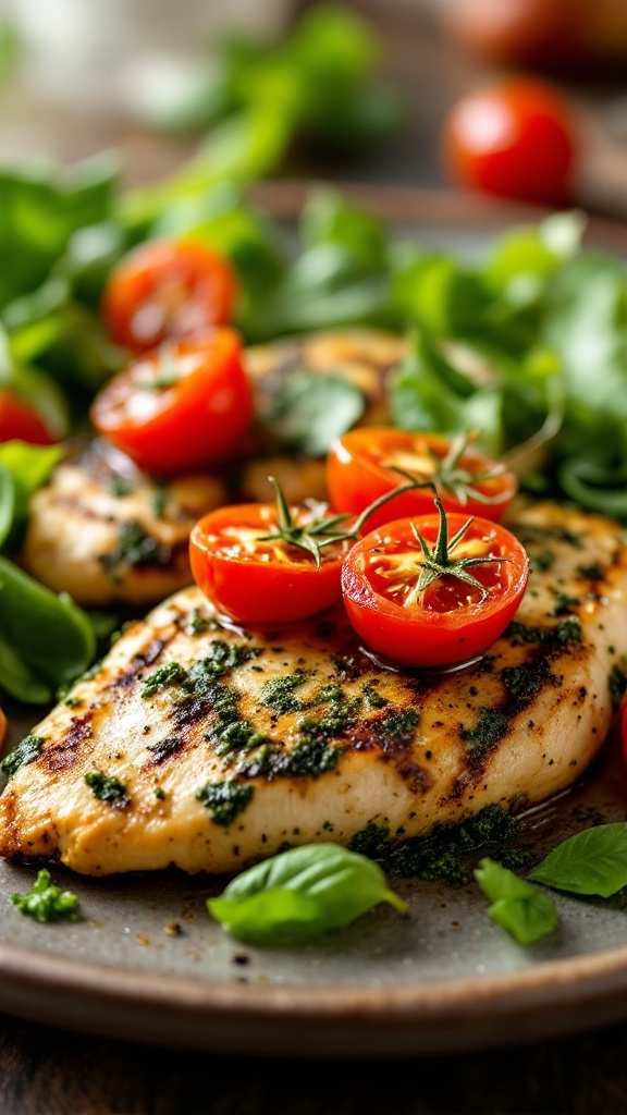 Grilled chicken breast topped with pesto and roasted cherry tomatoes on a plate with fresh greens.