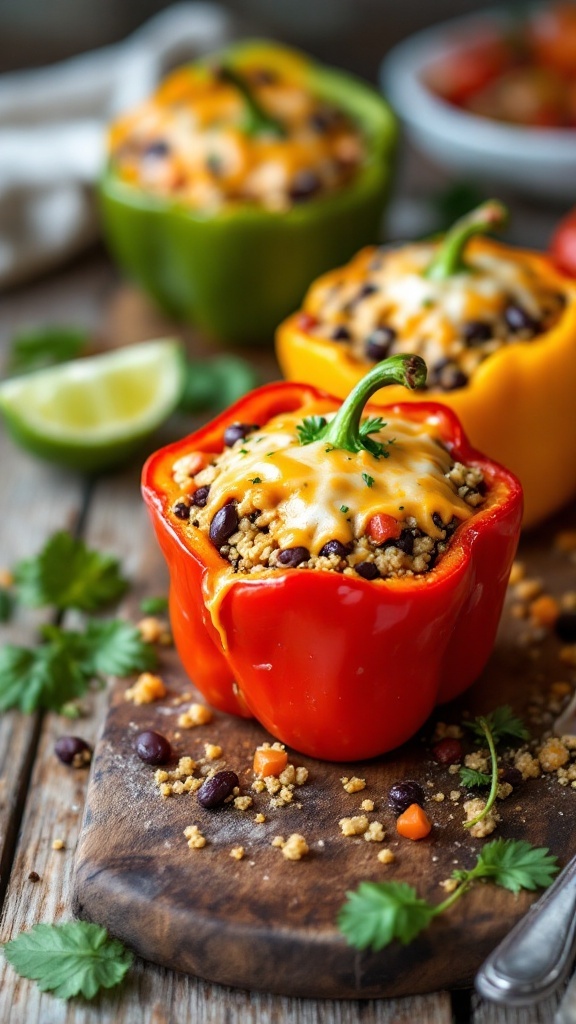 Three stuffed bell peppers filled with quinoa and black beans, topped with melted cheese on a wooden board.