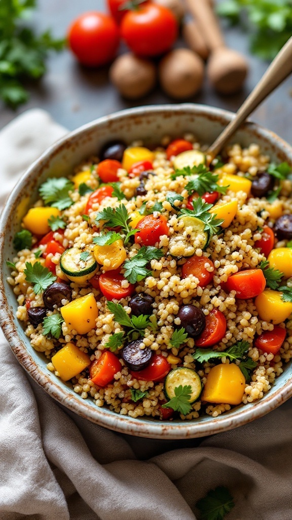 A bowl of colorful roasted vegetable quinoa salad with cherry tomatoes, bell peppers, and zucchini.