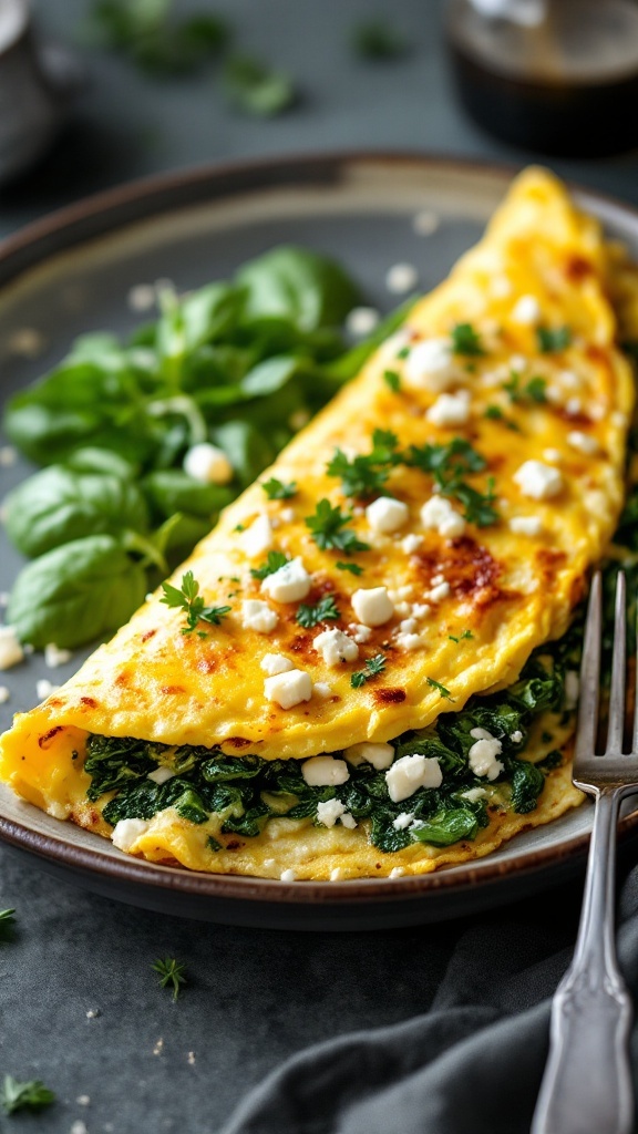 A delicious spinach and feta omelette served with fresh spinach leaves on the side.