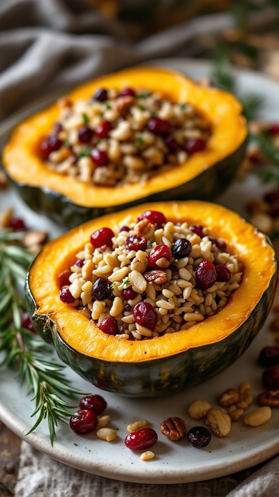 Two halves of acorn squash filled with wild rice, cranberries, and nuts on a plate.