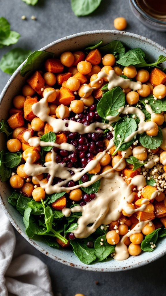 A bowl filled with sweet potatoes, chickpeas, fresh spinach, and tahini dressing.