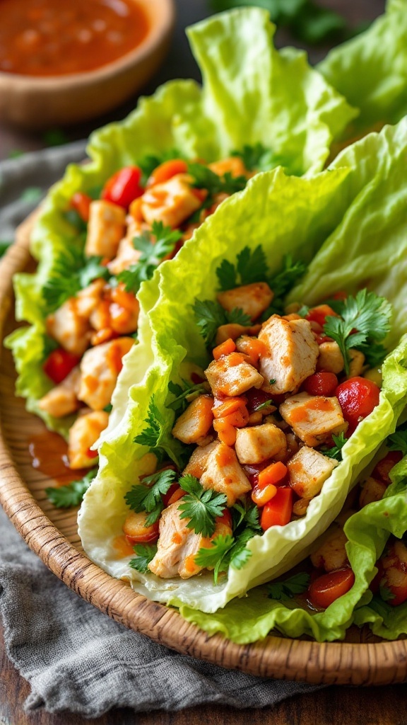 A plate of turkey lettuce wraps filled with diced turkey, bell peppers, and herbs