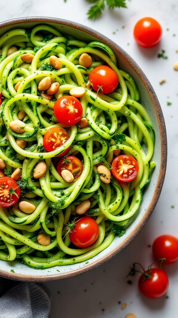 A bowl of zucchini noodles tossed with pesto sauce, cherry tomatoes, and pine nuts