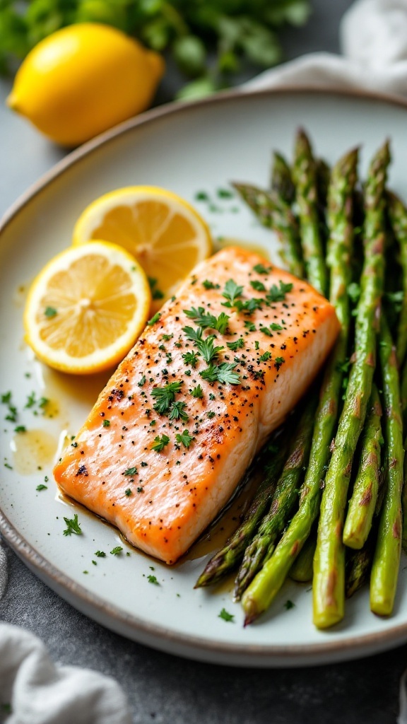 A plate of baked salmon with asparagus and lemon slices