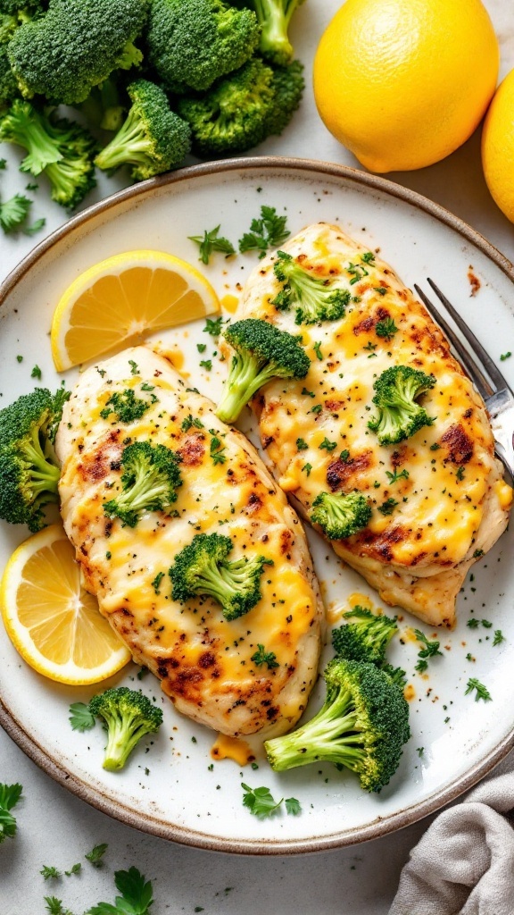 Delicious broccoli and cheese stuffed chicken on a plate with lemon and fresh broccoli.