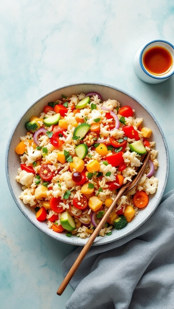 A bowl of colorful Cauliflower Rice Stir-Fry with various vegetables