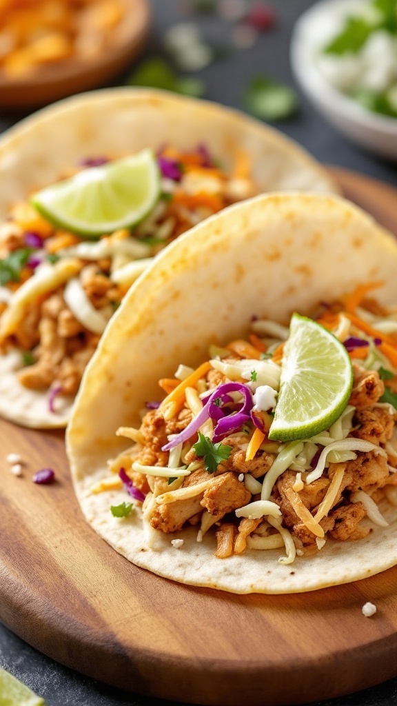 Delicious chicken tacos topped with cabbage slaw and lime on tortillas