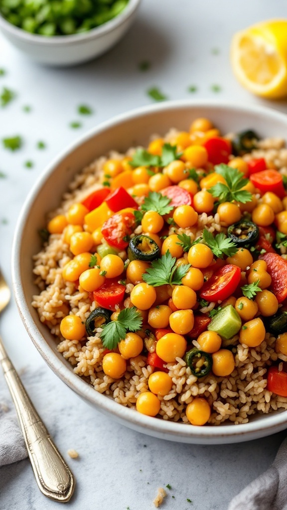 A bowl of chickpea stir-fry with vegetables and rice, garnished with fresh herbs.