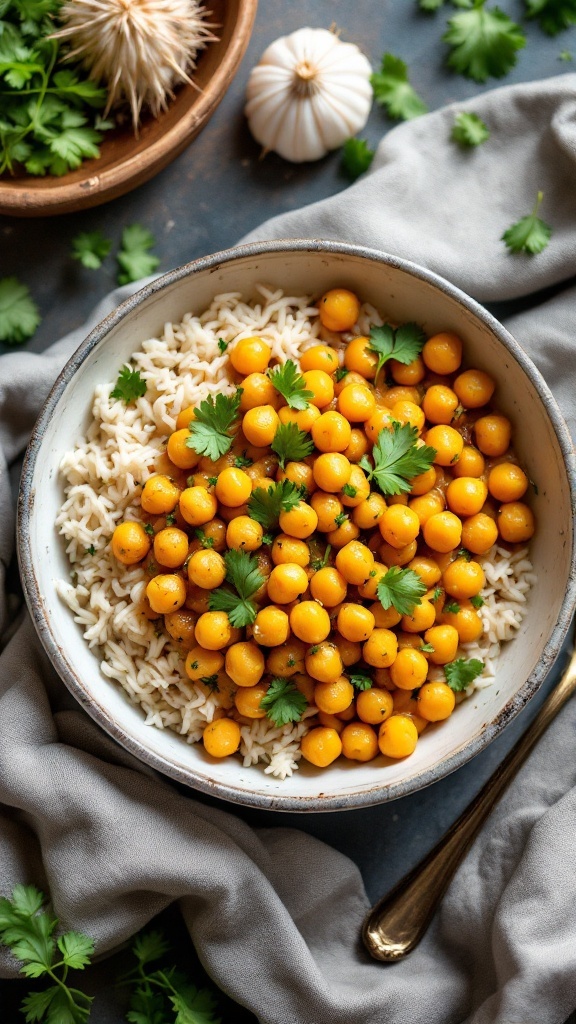 A bowl of coconut curry chickpeas served over rice, garnished with cilantro.