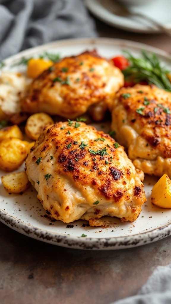 Crispy baked chicken thighs with roasted potatoes and herbs on a plate