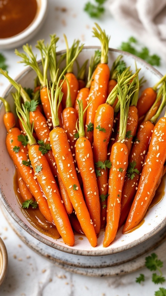 Bowl of honey mustard glazed carrots topped with sesame seeds and herbs