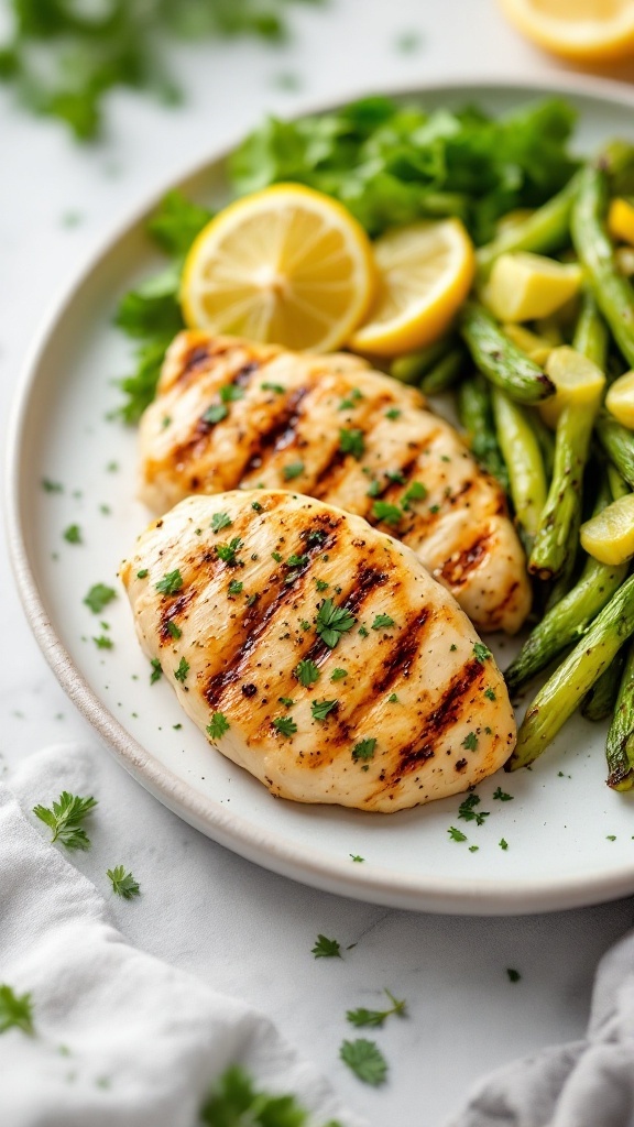 Grilled chicken breast garnished with herbs and served with lemon slices and vegetables.