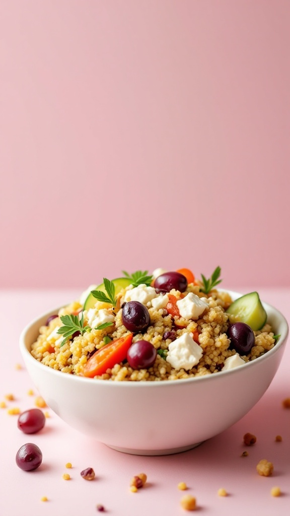 A colorful Mediterranean Quinoa Bowl with vegetables, grapes, and feta cheese.