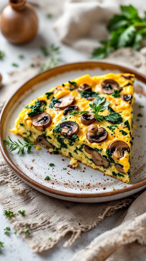 Slice of Mushroom and Spinach Frittata on a plate with herbs