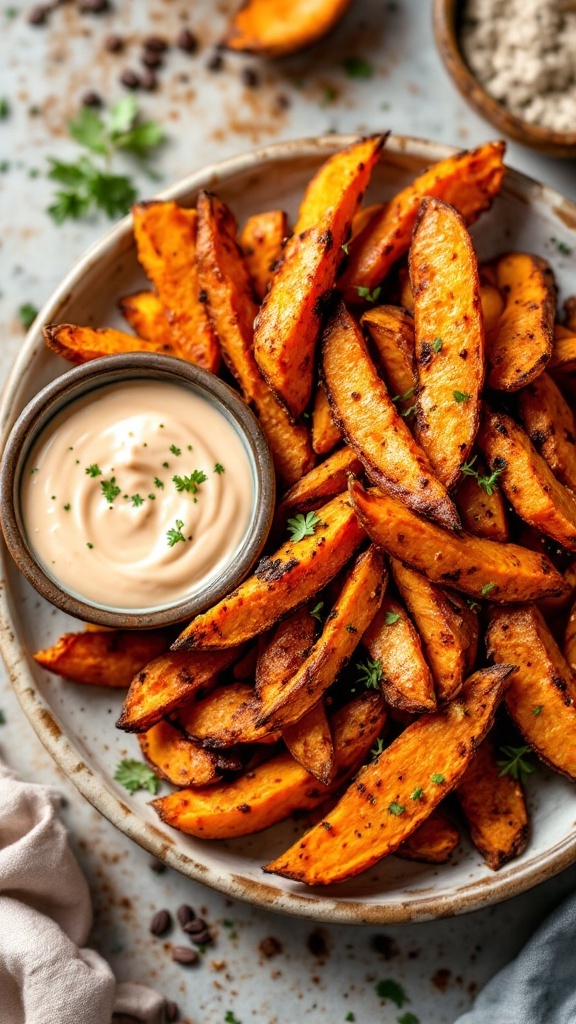 A plate of oven-baked sweet potato fries with a creamy dip