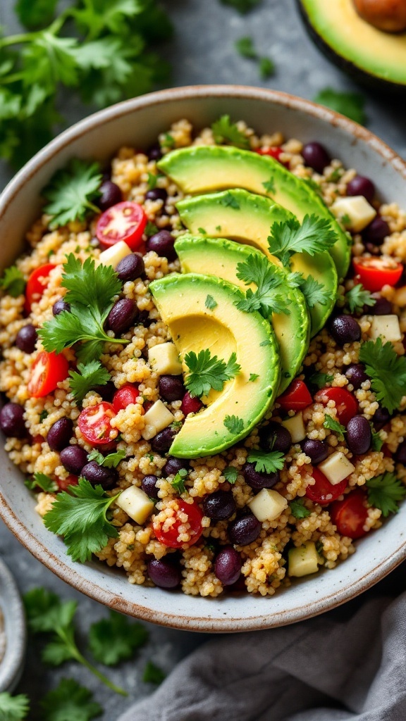 A bowl of quinoa and black bean salad topped with avocado slices and cilantro.