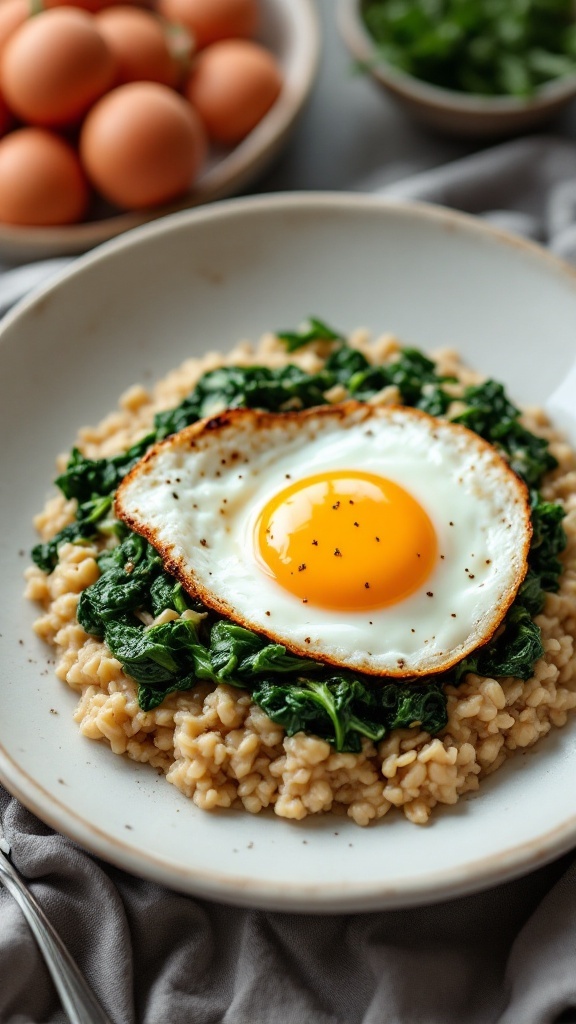 A plate of savory oatmeal topped with sautéed spinach and a fried egg, with fresh eggs in the background.