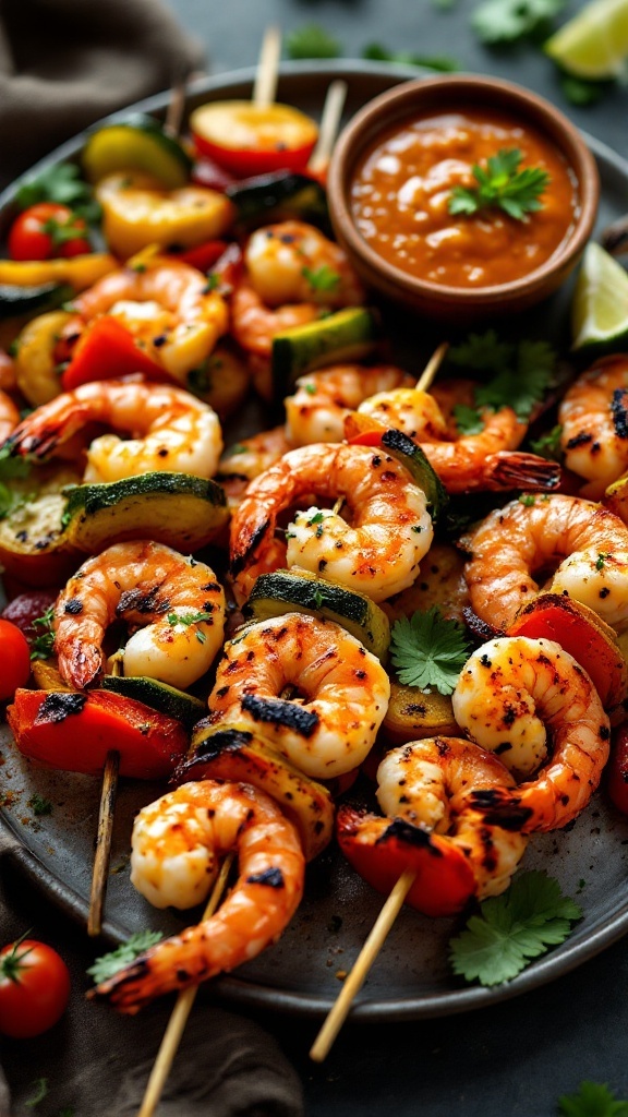 Grilled shrimp and vegetable skewers served with a dipping sauce.