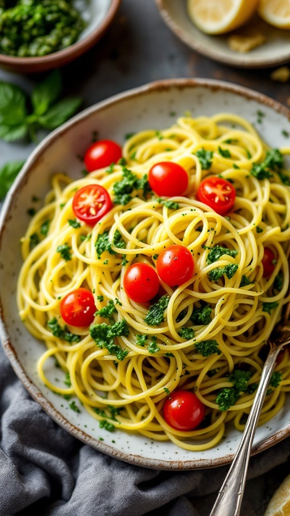 A plate of spaghetti squash topped with pesto and cherry tomatoes