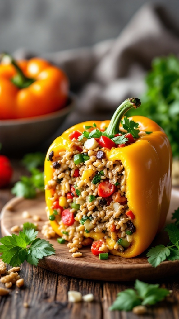 A close-up of a stuffed yellow bell pepper filled with turkey, grains, and vegetables, garnished with cilantro.