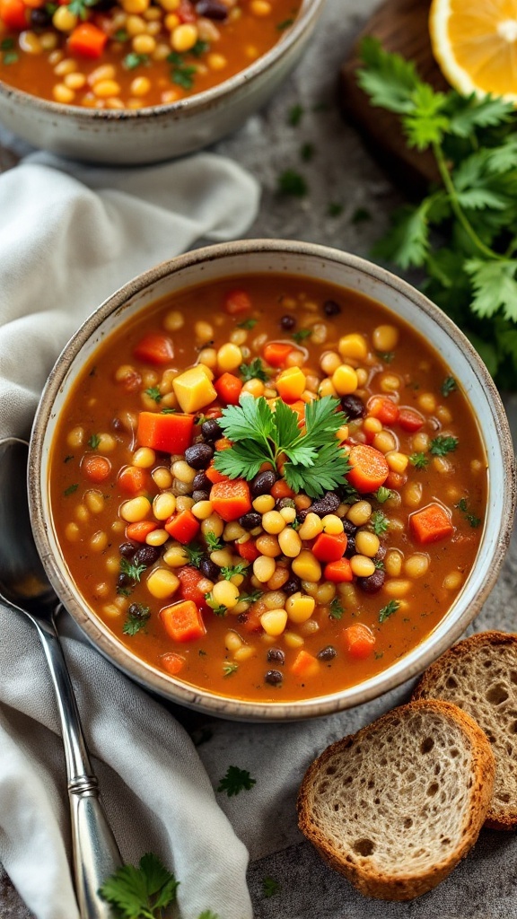 Bowl of vegetable lentil soup with colorful ingredients and bread on the side.