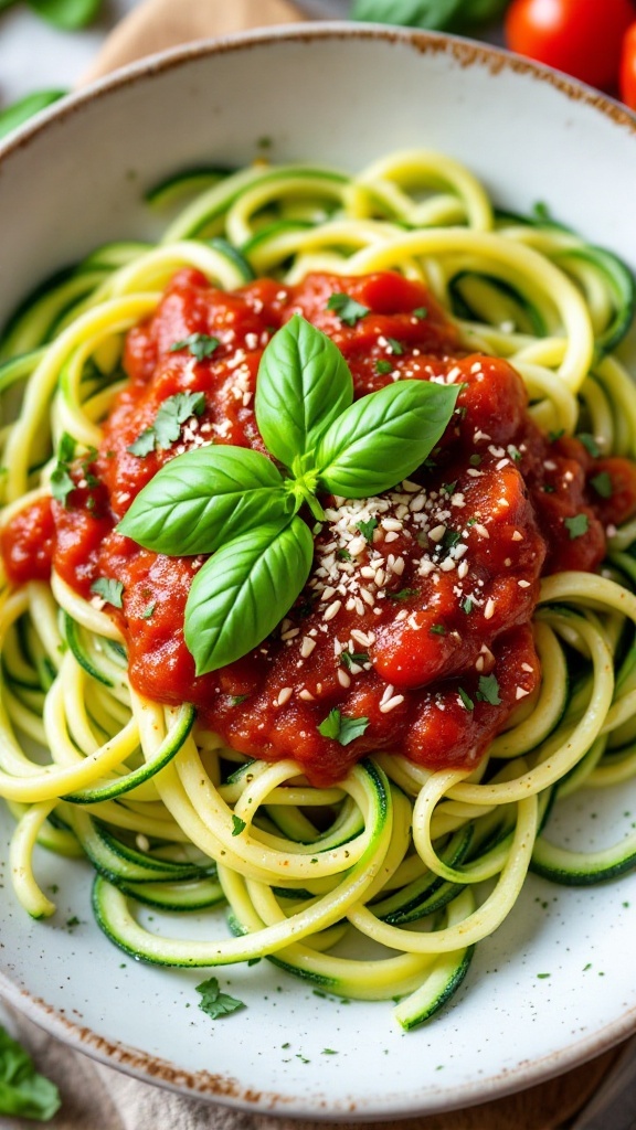 A bowl of zucchini noodles topped with marinara sauce, garnished with fresh basil and sesame seeds.