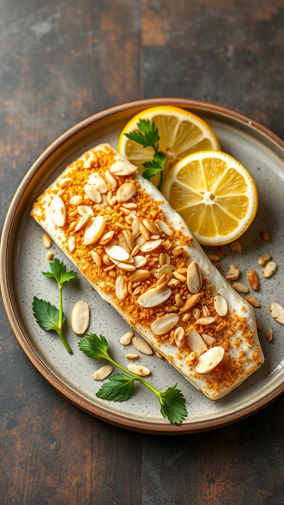 A plate of almond-crusted tilapia garnished with sliced almonds, lemon wedges, and fresh parsley.