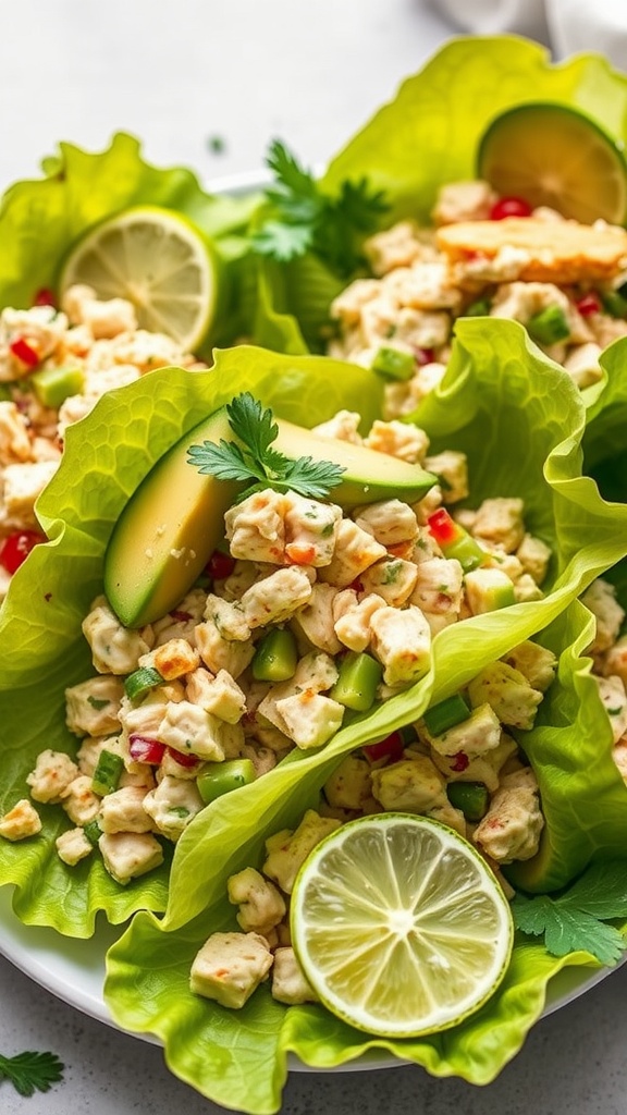 A plate of avocado chicken salad lettuce wraps, garnished with lime and cilantro.