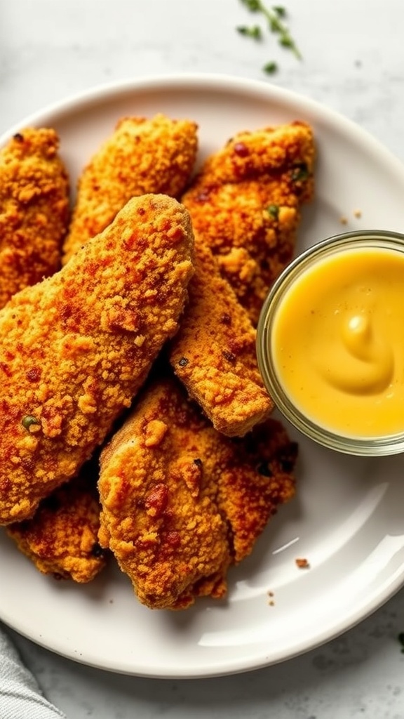 A plate of baked chicken tenders with a small bowl of honey mustard sauce