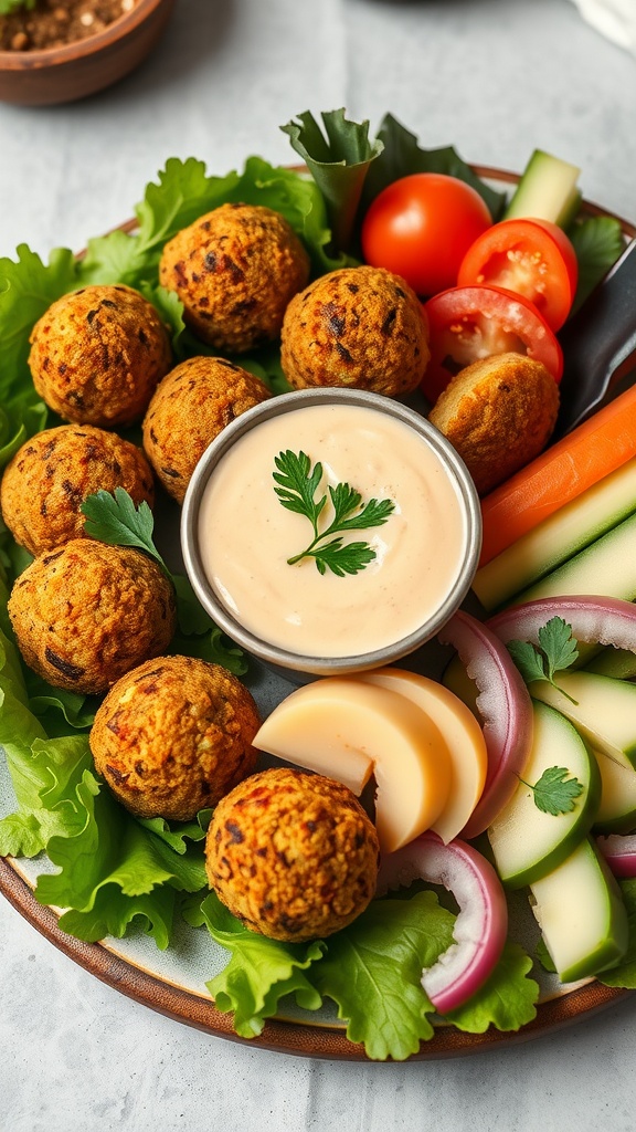 A platter featuring baked falafel balls, tahini sauce, and colorful fresh vegetables