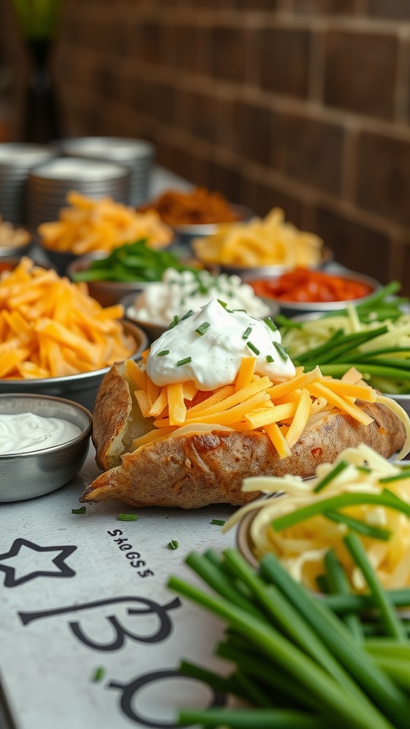 Baked potato bar with various toppings including cheese, sour cream, and vegetables