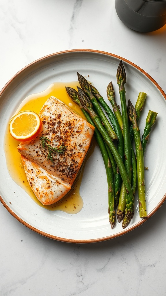 A plate of baked salmon with asparagus and lemon garnish