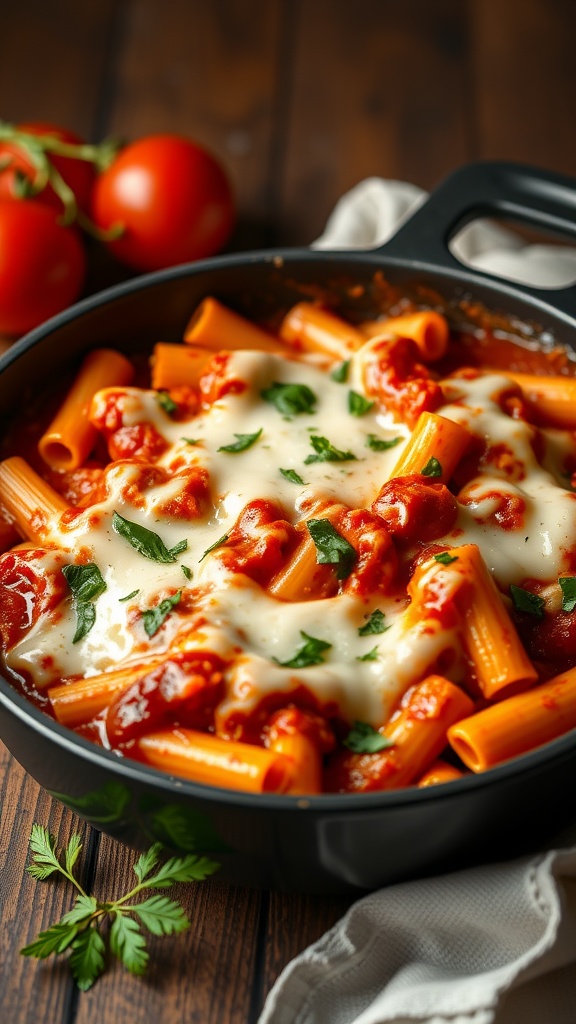 Baked ziti with mozzarella cheese in a black pan, garnished with fresh herbs, with tomatoes in the background.