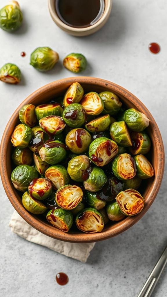 A bowl of roasted Brussels sprouts drizzled with balsamic glaze.