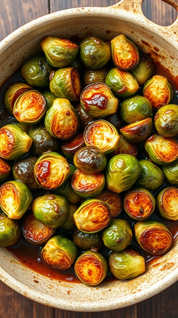 A bowl of balsamic glazed roasted Brussels sprouts, shiny and caramelized in a rich glaze.