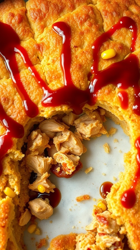 A close-up of BBQ Chicken and Cornbread Casserole with BBQ sauce drizzled on top.