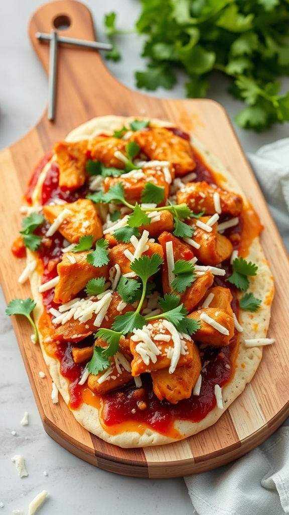 BBQ Chicken Flatbread topped with chicken, barbecue sauce, cheese, and cilantro on a wooden cutting board