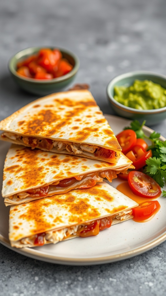 BBQ chicken quesadillas with tomatoes, salsa, and guacamole on a plate