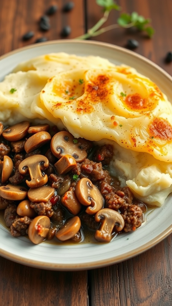 A delicious serving of Beef and Mushroom Shepherd's Pie, featuring creamy mashed potatoes and savory beef with mushrooms.